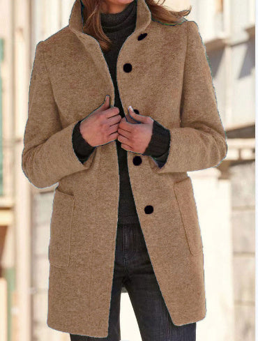 Fashion Stand Collar Woolen Coat With Pockets