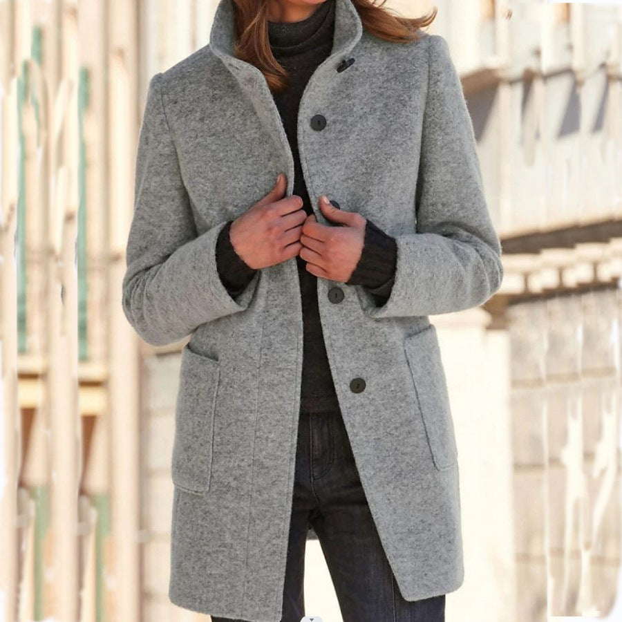 Fashion Stand Collar Woolen Coat With Pockets