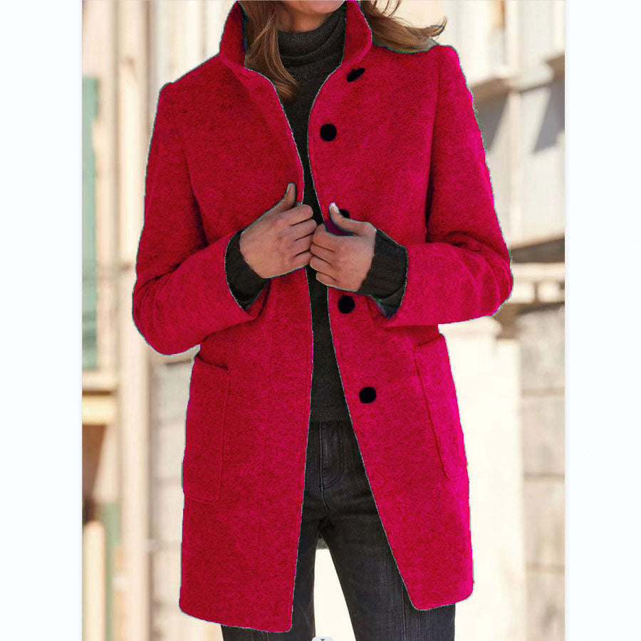 Fashion Stand Collar Woolen Coat With Pockets